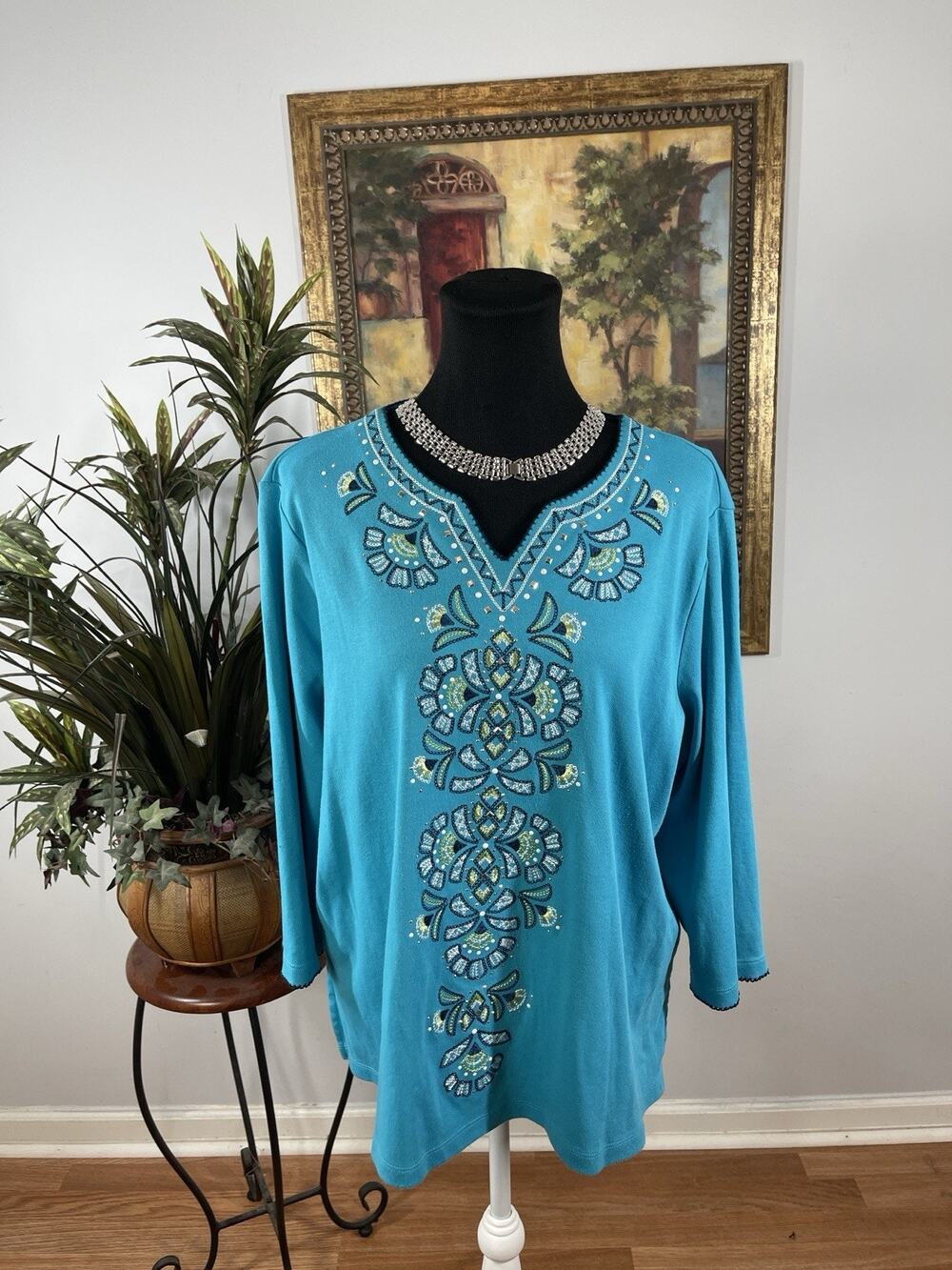 Alfred Dunner 1X Turquoise Embroidered Beaded Tunic Top Plus Size 3/4 Sleeve
